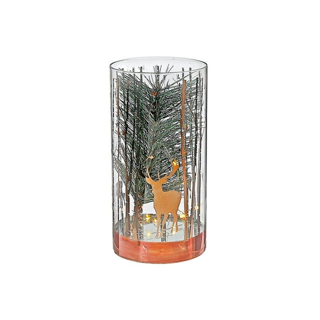 Led Cylinder Glass Stand Rosegold Pine Tree Large with clear cylindrical glass featuring rosegold pine tree and deer artwork, multi-color LED lights inside, and rosegold wood base, suitable for adding warm seasonal ambiance to home décor.