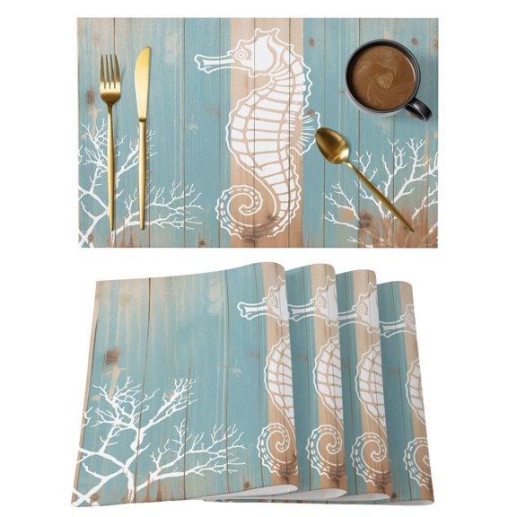 Coastal Sea Horse Placemats Set of 6 Summer Coral Ocean Vintage Wood Place Mats Indoor Wipeable Table Mats Washable Cloth Dining Table Placemats for Kitchen Holiday Party Home Decor 13x19 Inch