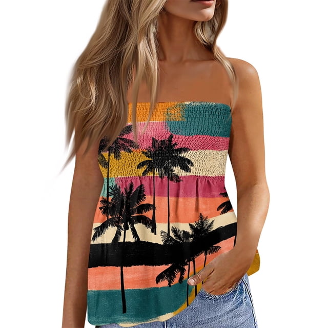 OIOLOYJM Tube Tops for Women Spring Cute Strapless Palm Tree Peplum Top Backless Vacation Flowy Trendy Clothes Pink S