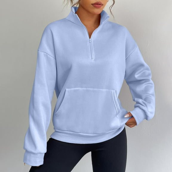 AXXD Women's Sweatshirts Blue Basic Summer 2024 Turtle Necks Long Sleeved Solid Color Zipper Stitching Pocket High Neck Sweater