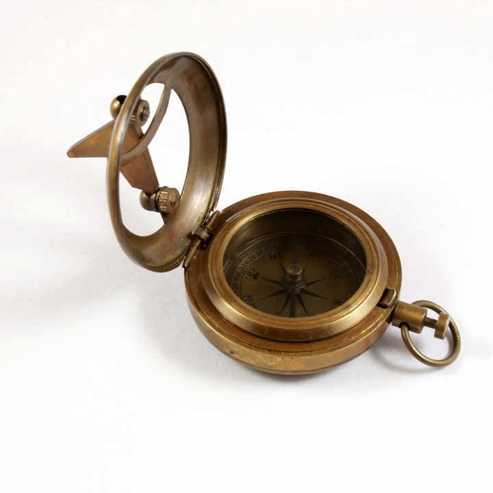 Antique Vintage 2-Inch Push Button Sundial Compass Brass Finish with Leather Case Made from Metal and Alloy