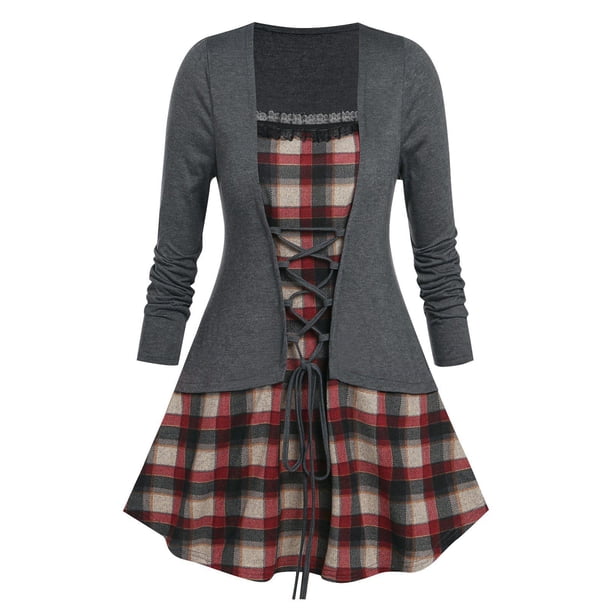 Camiseta Talla Extra 2 en 1 a Cuadros Cordón Combinado Rosegal Mangas largas de talla grande
