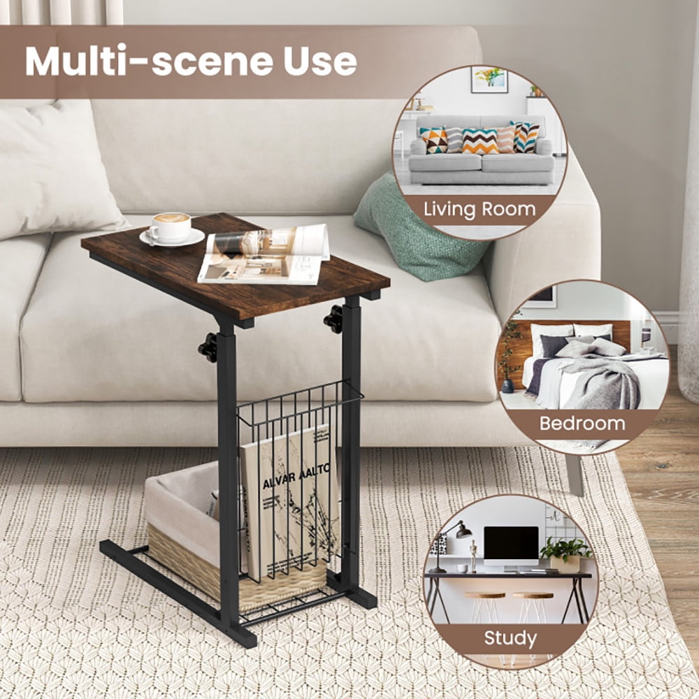 Finihen End Side Table, C-shape Sofa Side Table with Storage Basket, Sofa Side Table, Bed Side Table, for Living Room, Bedroom, Rustic Brown