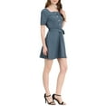 thumbnail image 4 of INSPIRE CHIC Women's Square Neck Button Decor Short Sleeves Tie Waist Mini Dress M Grey Blue, 4 of 7