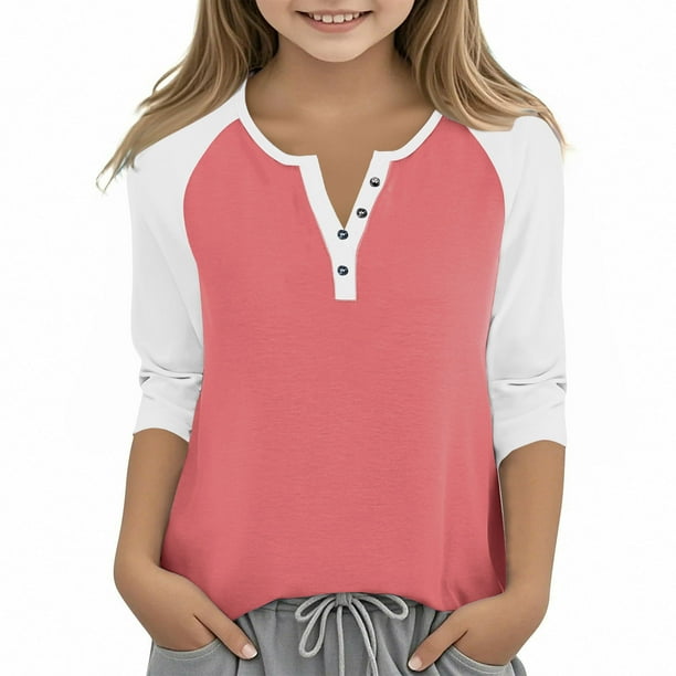 Cowsor Girl's Casual 3/4 Sleeve T Shirts Button V Neck Tunic Blouses Color Block Basic Tee Tops Loose Fit Summer Shirt