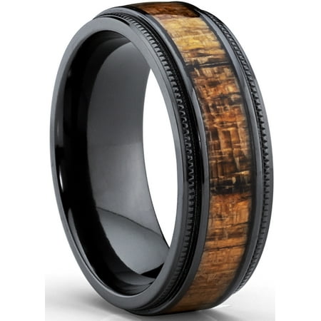 Milgrain Titanium Wedding Band - Men's Black Titanium Wedding Band with Real Koa Wood Inlay, Milgrain Ring comfort fit 8MM