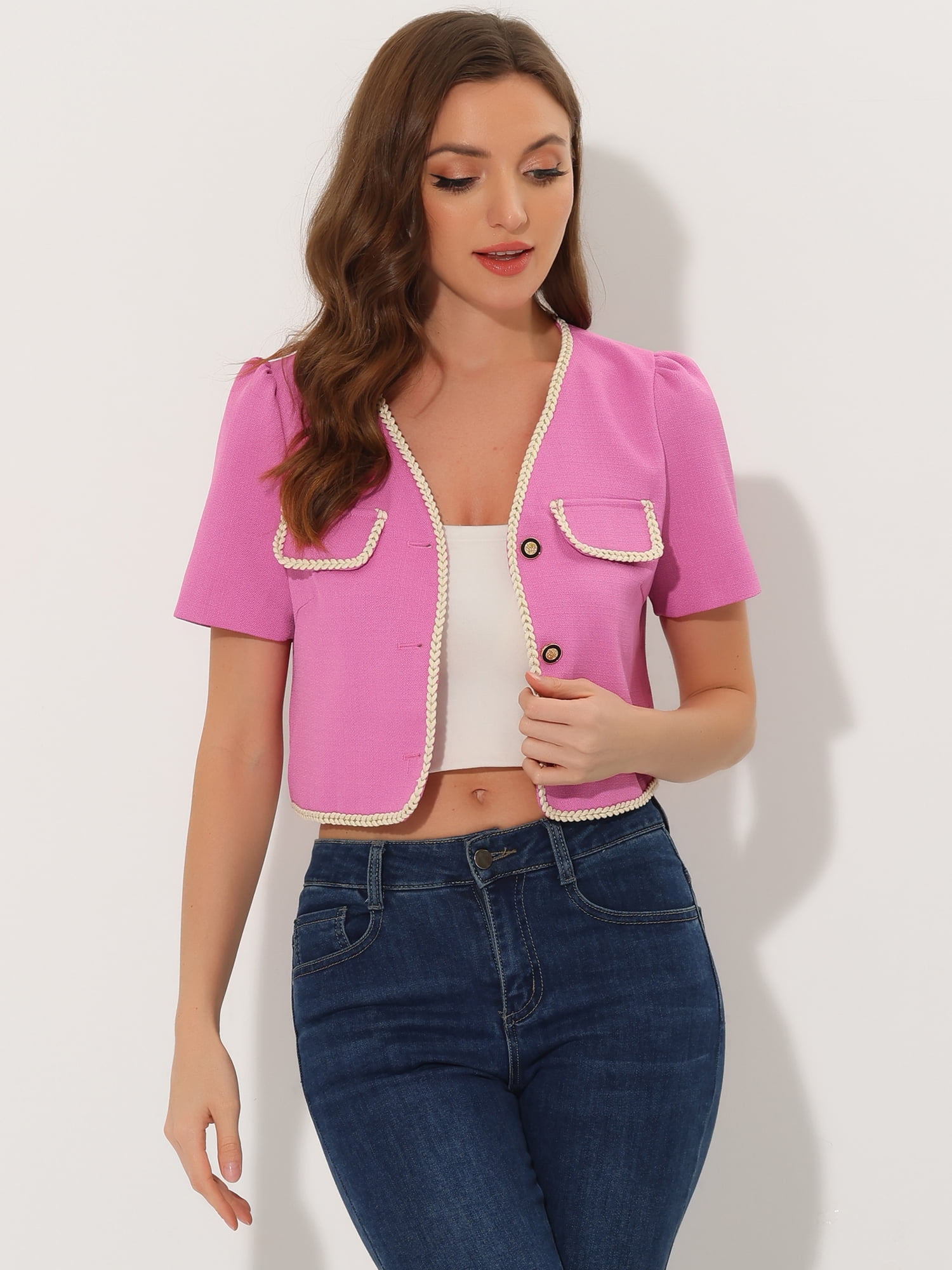 DARING DIVA Women's Contrast Trim Jacket Single Breasted Blazer M Pink
