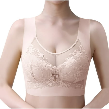 REORIAFEE No Underwire Bras for Women Gathered Together Wireless Bras Lace Brassiere Comfy Wide Strap Breathable Corset Underwear Comfortable Classic Support Lingerie Rose Gold L