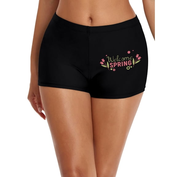 Women's Nylon Welcome Spring Pattern Underpants Boy Shorts, Black