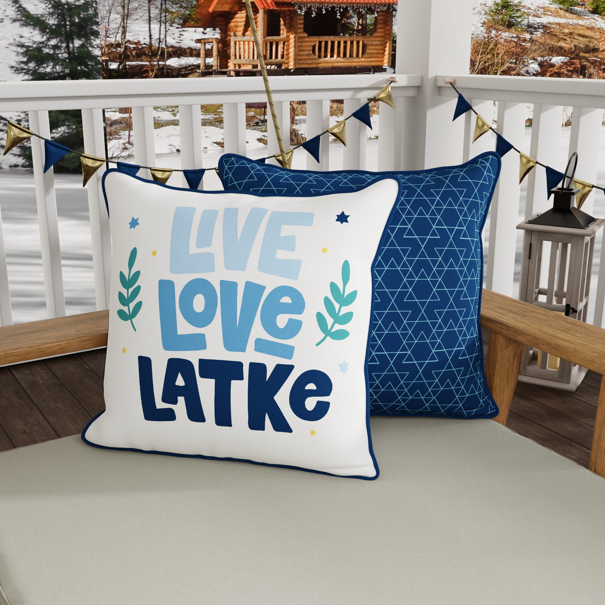 Jordan Manufacturing 16" x 16" Live Love Latke Hanukkah Cream Novelty and Navy Geometric Reversible Square Outdoor Throw Pillow with Welt (2 Pack)