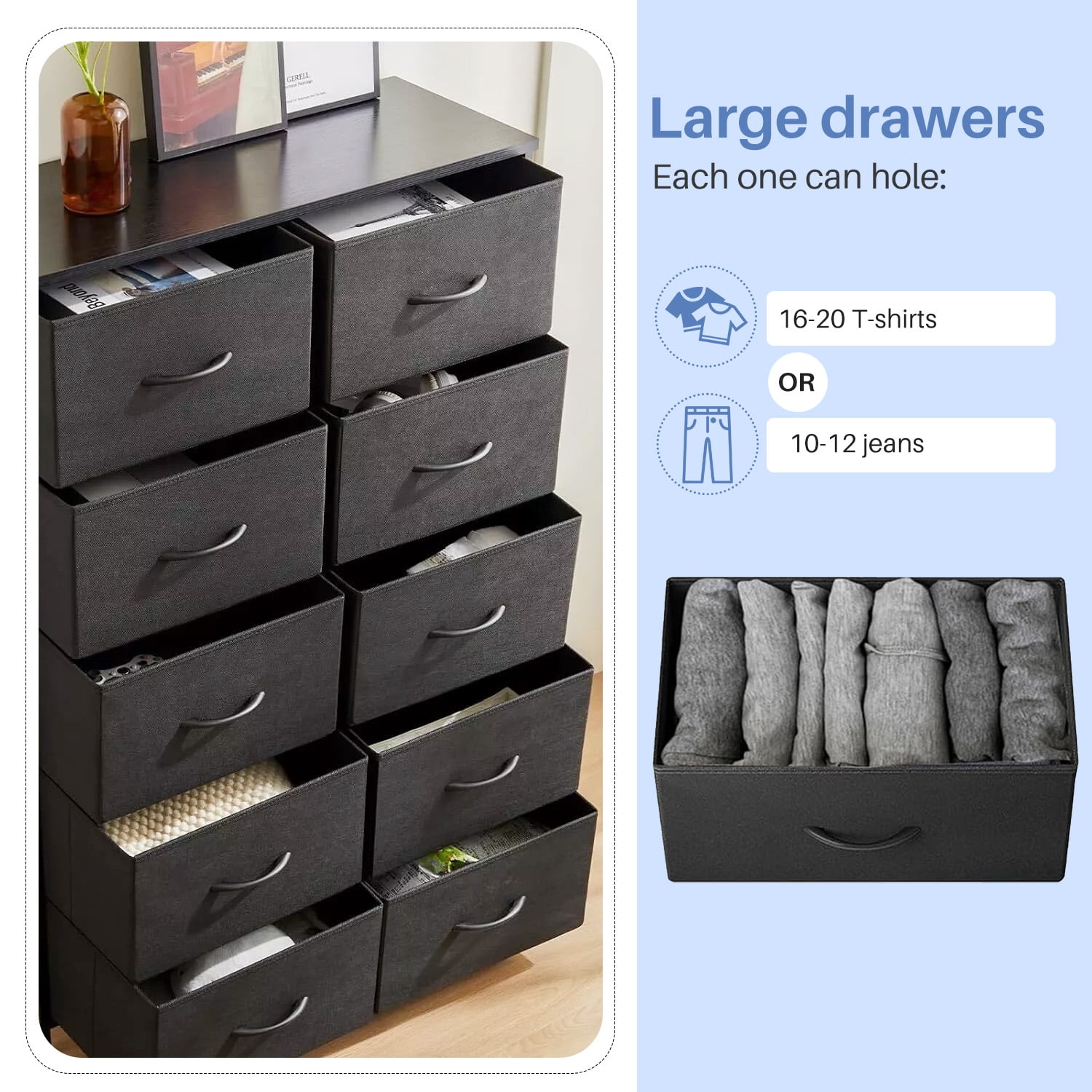 Simenmax 10 Drawer Dresser Organizer Storage Drawers, Chest of Drawers with Fabric Bin for Bedroom, Closet, Entryway,Black