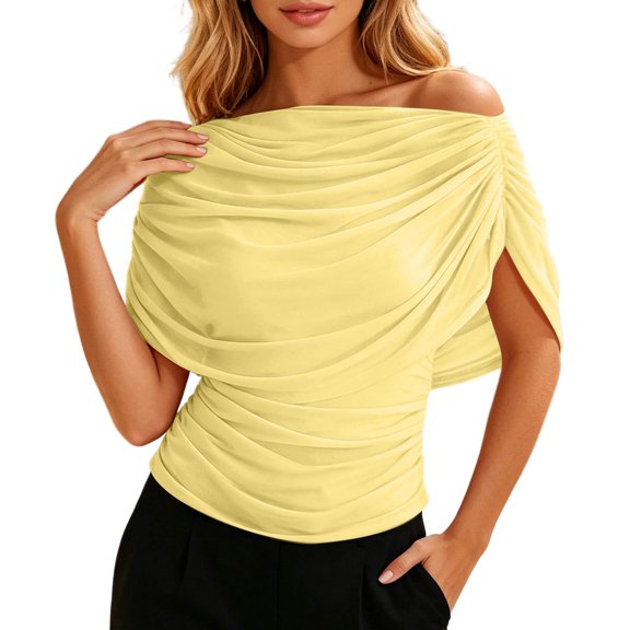 Telankuip Women's Elegant off the Shoulder Ruched Blouse Casual Short Sleeve Pleated Boat Neck Tops Stretchy Cinched Waist Slim Fit Summer Top 2026 Beach Vacation Outfits