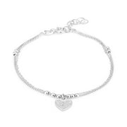 Vanbelle Sterling Silver Jewelry Double Layered Beaded Chain Bracelet with Dangling Heart Charm & Cubic Zirconia Stones and Rhodium Plated for Women and Girls