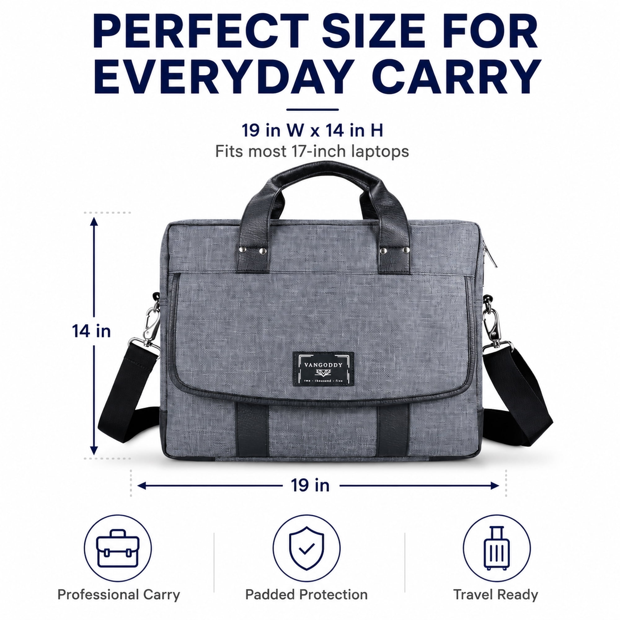 VANGODDY 17 Inch Laptop Messenger Bag, Padded Business Briefcase with Shoulder Strap, Travel Luggage Strap, Gray
