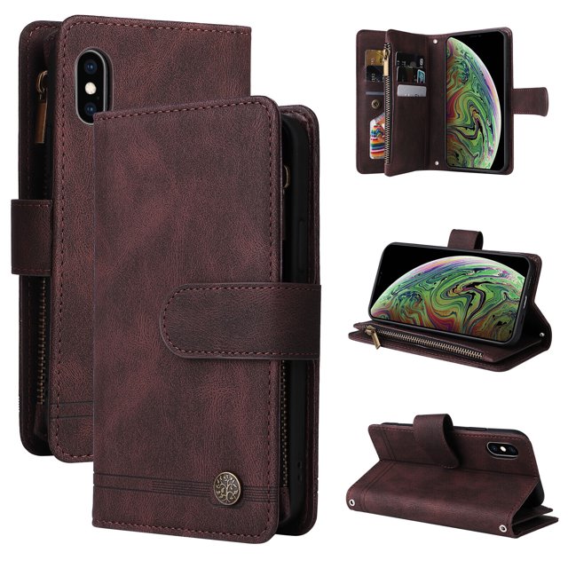 Case for iPhone X/XS Cover Zipper Pocket Wallet Case Magnetic Protective - Braun