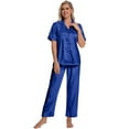thumbnail image 5 of DAKIMOE Silk Satin Pajama Set for Women Short Sleeve Two Piece Button Down Pjs Sleepwear Soft Loungewear Nightwear, Royal Blue Leopard Print, 5 of 8
