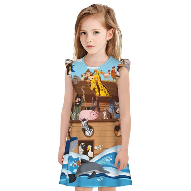 Balery Animals on Noah's Ark Floating Camisón de princesa para niñas, pijama de algodón con mangas abullonadas, suave y bonito.-XX-Large