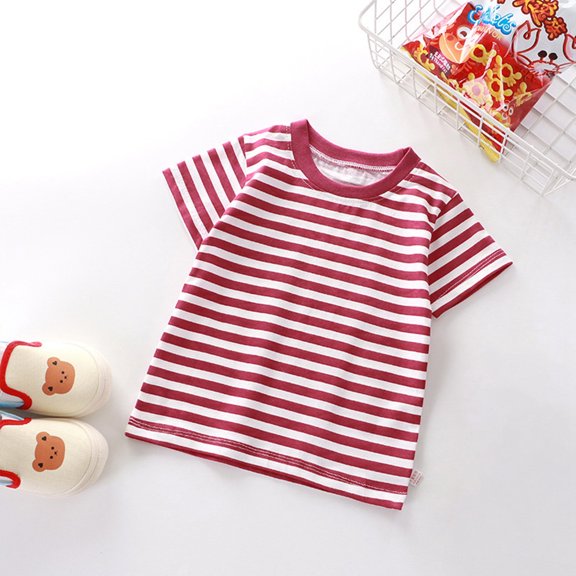 Summer T-Shirts for Girls Blue and White Striped Daily Shirt Short Sleeves Casual Crewneck Tee Tops Children Clothes 4-5 Years