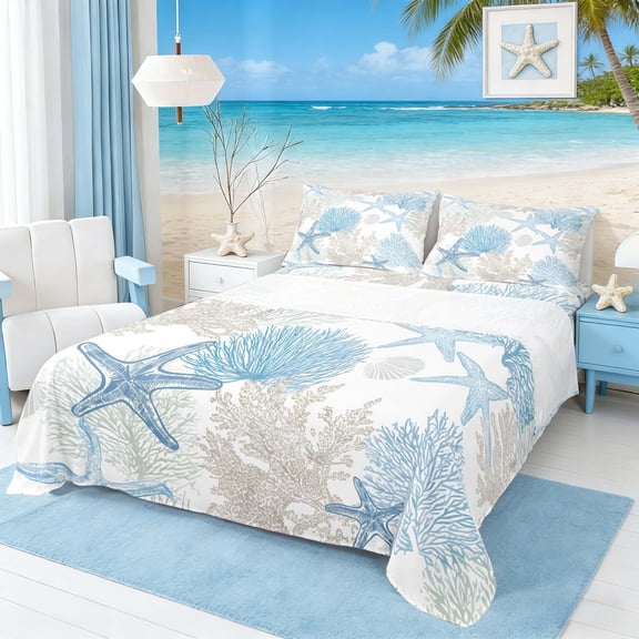 Manfei Simple Blue Starfish Coral Queen Sheet Sets for Kids Boys and Girls, Coastal Bed Set 4 Pieces, 1 Flat Sheet, 1 Fitted Sheet and 2 Pillowcases