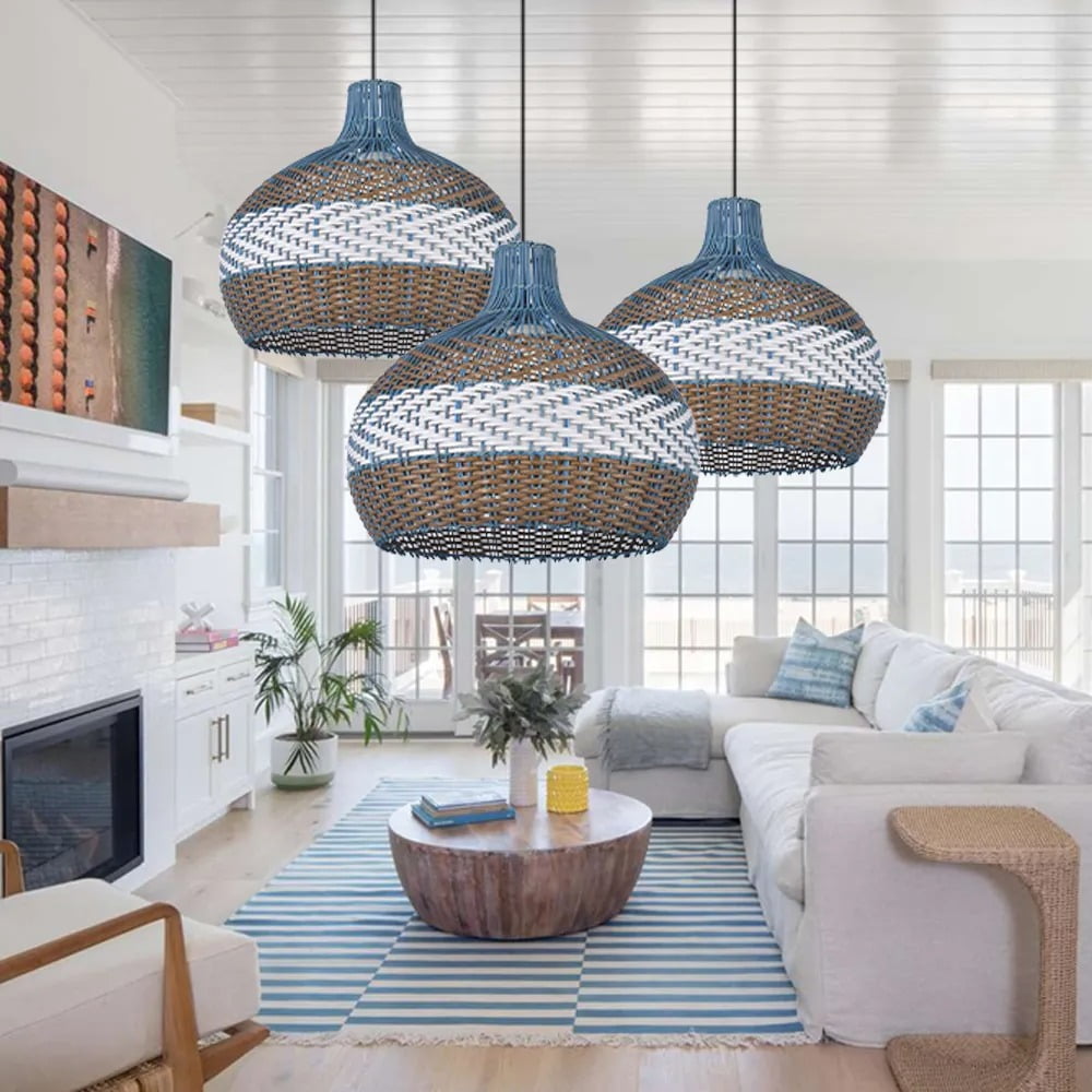 LittleGlovo Classic Blue Rattan Pendant Light Shade Quality Handmade Kitchen Island Dining Room Hanging Ceiling Chandeliers