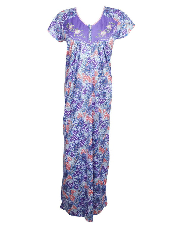 Maxi Caftan Dress, Purple Blue Floral Print Night S/M