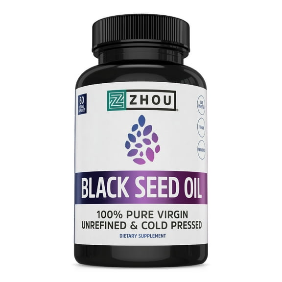 Zhou Black Seed Oil | 100% Virgin, Cold Pressed Source of Omega 3 6 9 | Super Antioxidant for Immune Support, Joints, Digestion, Hair & Skin | 60 Caps