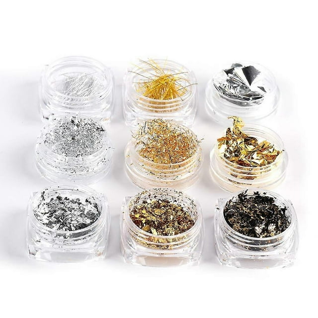 Nail Art Sequins Powder Mixed Glitter Gold 9 Pots and Silver Paper Foil Nail Art Accessories Sequins Glitters Sticker Nail Decorations 3d Manicure UV