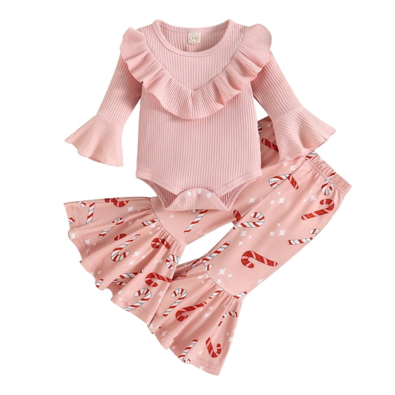 Otqutp Bodysuits for Baby Fashion Girls Christmas Long Sleeve Crewneck Romper Bodysuit Xmas Fashion Prints Bell Bottoms Flare Pants Outfits Fall Winter Outfits(Red,6-9 Months)