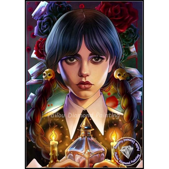 Pintura de diamantes de Addams para decoración del hogar, mosaico de punto de cruz completo, arte oscuro, decoración de Halloween, ropa gótica de Girl Wednesday