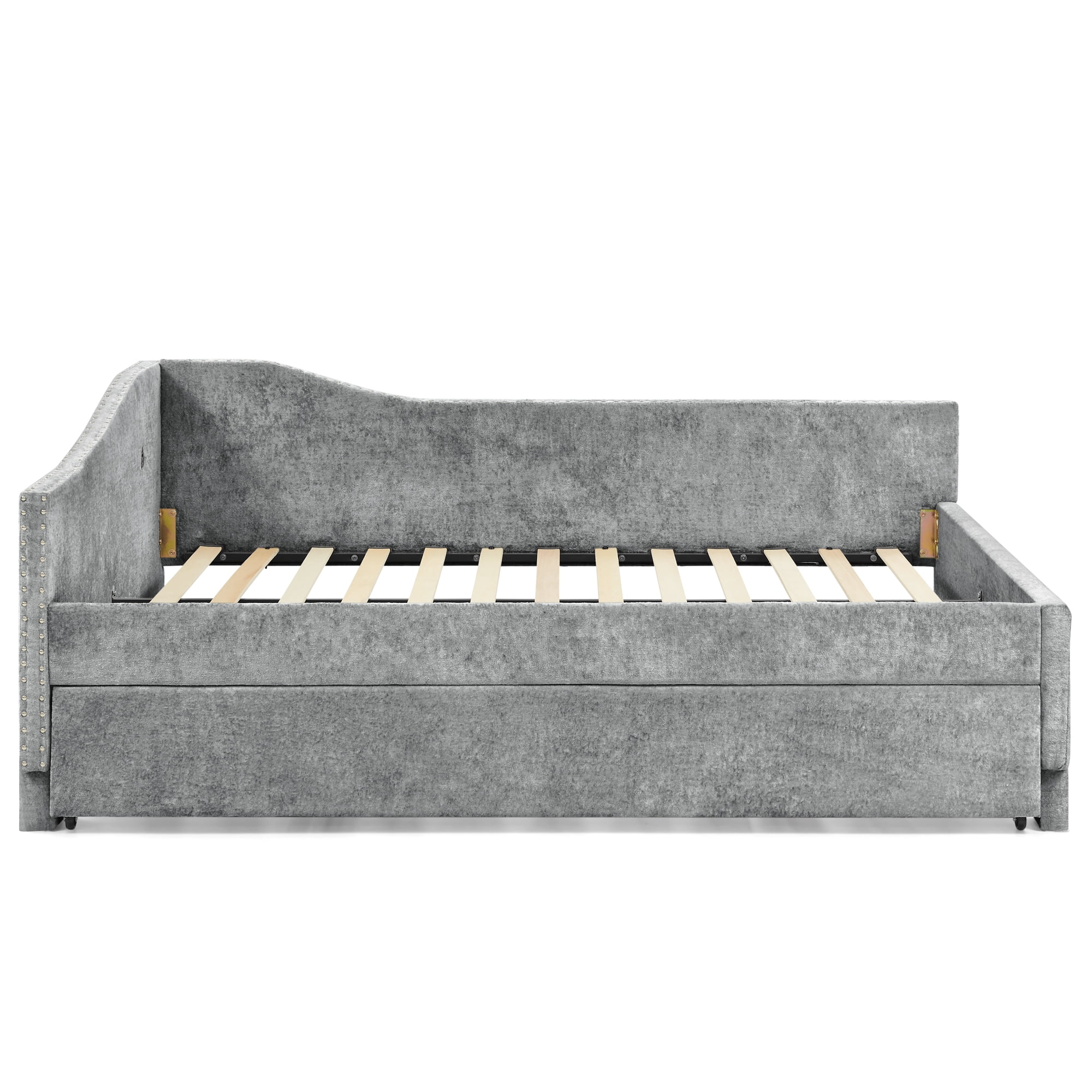 Twin Size Daybed,Chenille Upholstered Daybed with Pull-Out Trundle & Built-In USB Charging Port,2-in-1 Space Saving Sofa Bed for Guest Room,Small Space,Grey