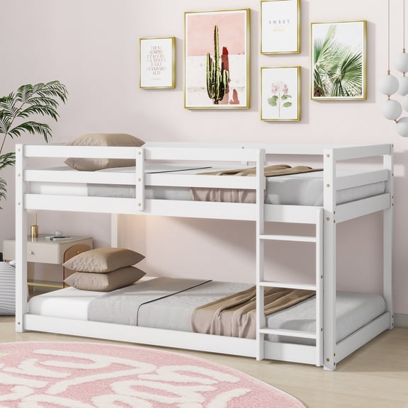 Miniyam Wood Twin over Twin Floor Bunk Bed with Ladder and Guardrails, White
