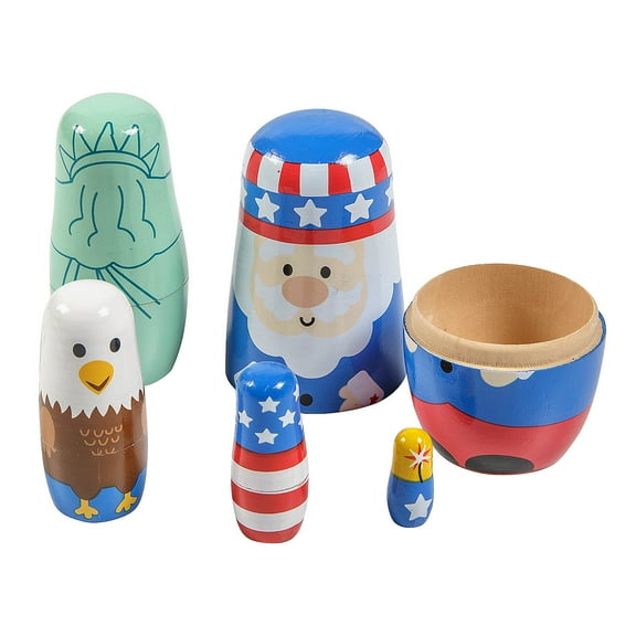 Fun Express 1" - 5" Patriotic Red, White & Blue Characters Wooden Nesting Dolls - 5 Pieces
