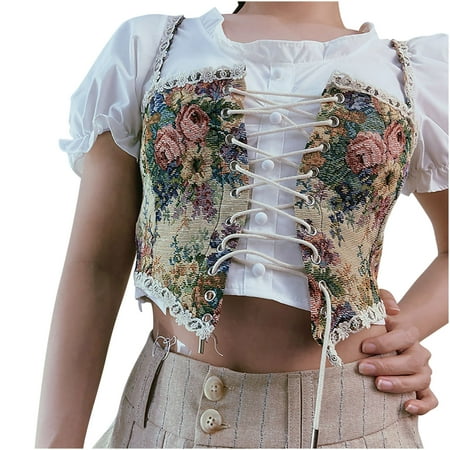 

Lovskoo Firm Shapewear for Women Tummy Control Renaissance Lace Up Vintage Boned Bustier Corset Cosplay Costume Reversible Peasant Bodice Khaki