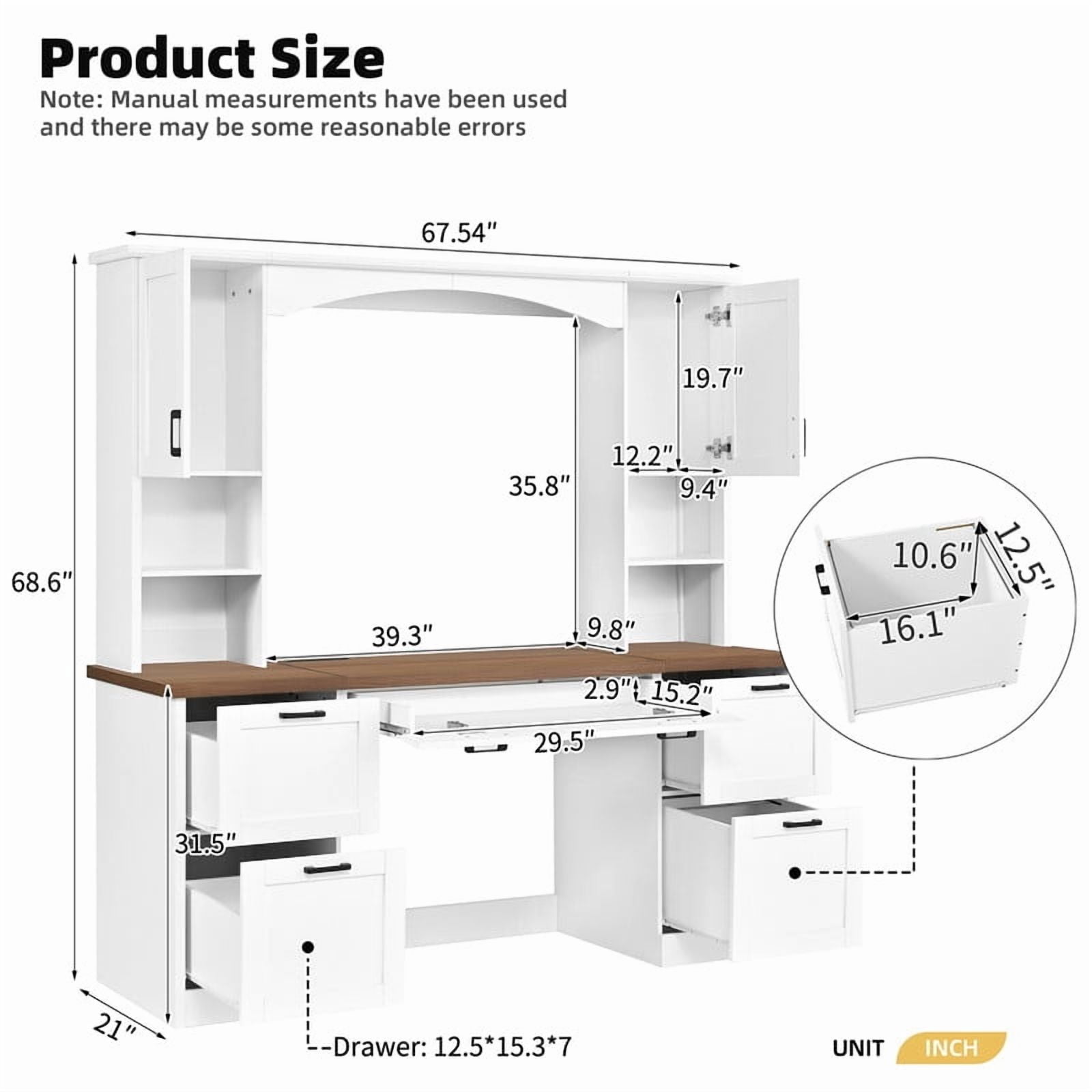 Howcool 68.6"H Farmhouse Arched Computer Desk with Hutch, Workstation with Built-In Charging Station, Keyboard Tray, All-in-One Writing Desk with File Drawer for Home Office