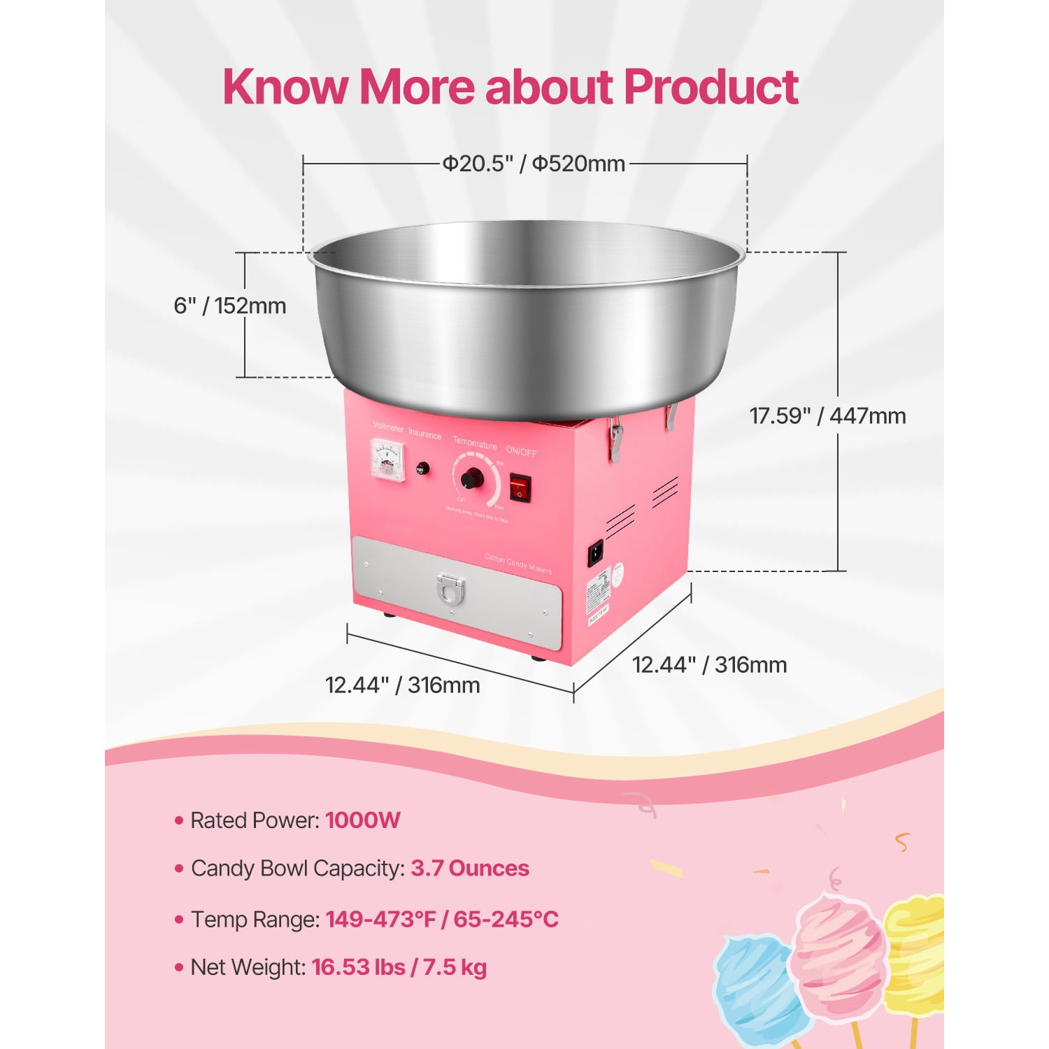 KFFKFF Electric Cotton Candy Machine, 1000W Commercial Candy Floss Maker with 20.5-inch Stainless Steel Bowl, Sugar Scoop, and Storage Drawer, Ideal for Home Use, Great for Kids' Parties