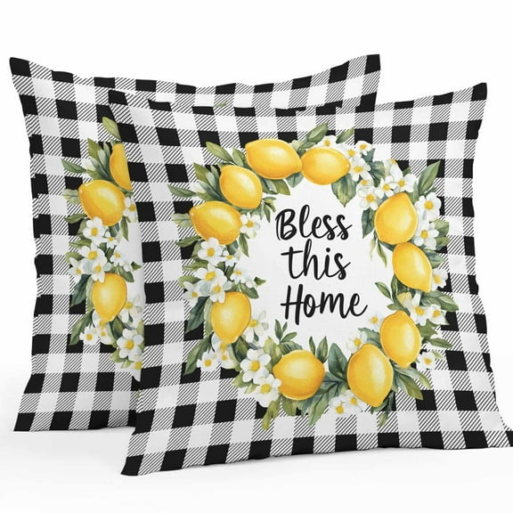 Waterproof Throw Pillow Covers Set of 2, 18x18 Inch Summer Lemon Decorative Pillowcases Outdoor Pillow Slip Cushion Covers Set for Couch Tent Farmhouse Country Black White Check