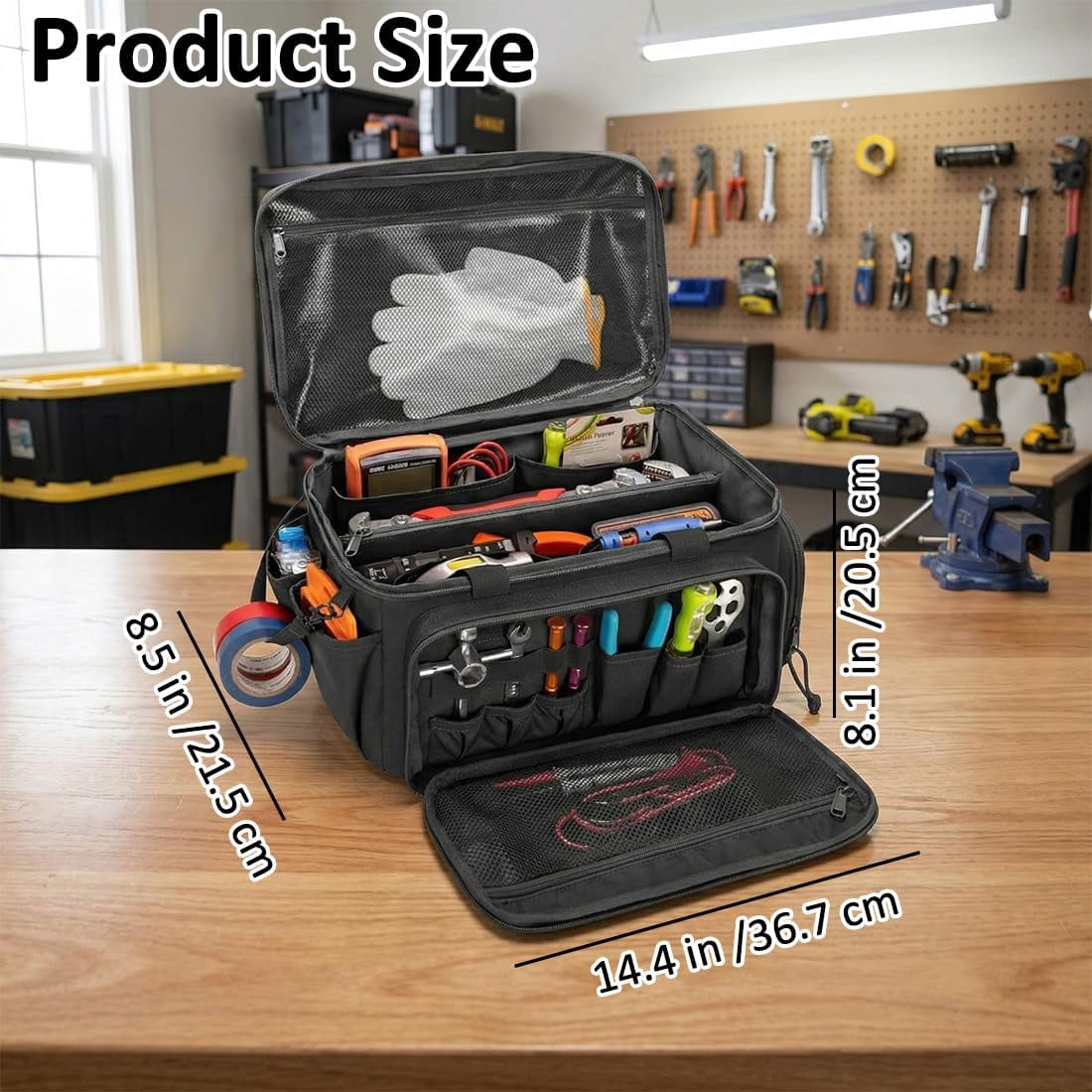 14-Inch Heavy-Duty Canvas Tool Bag, Multi-function Large Capacity Tool Bag Organizer Tote Bag with Adjustable Shoulder Strap, Exterior Pockets for Hand Tools for Electrician Plumber, Brown