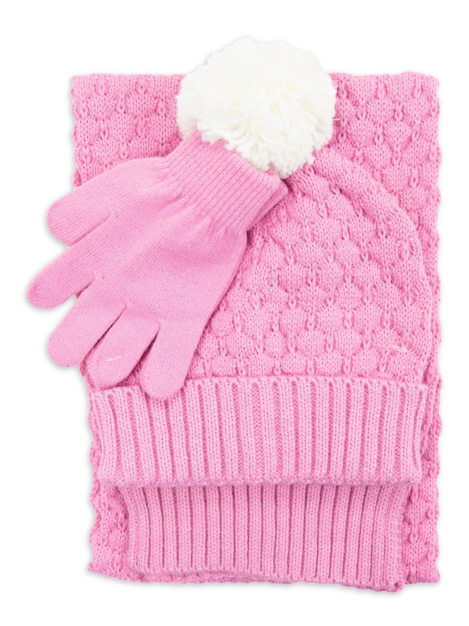 Berkshire Girls Bubble Knit Pom Beanie Hat, Scarf, and Magic Glove 3 Piece Set, One Size