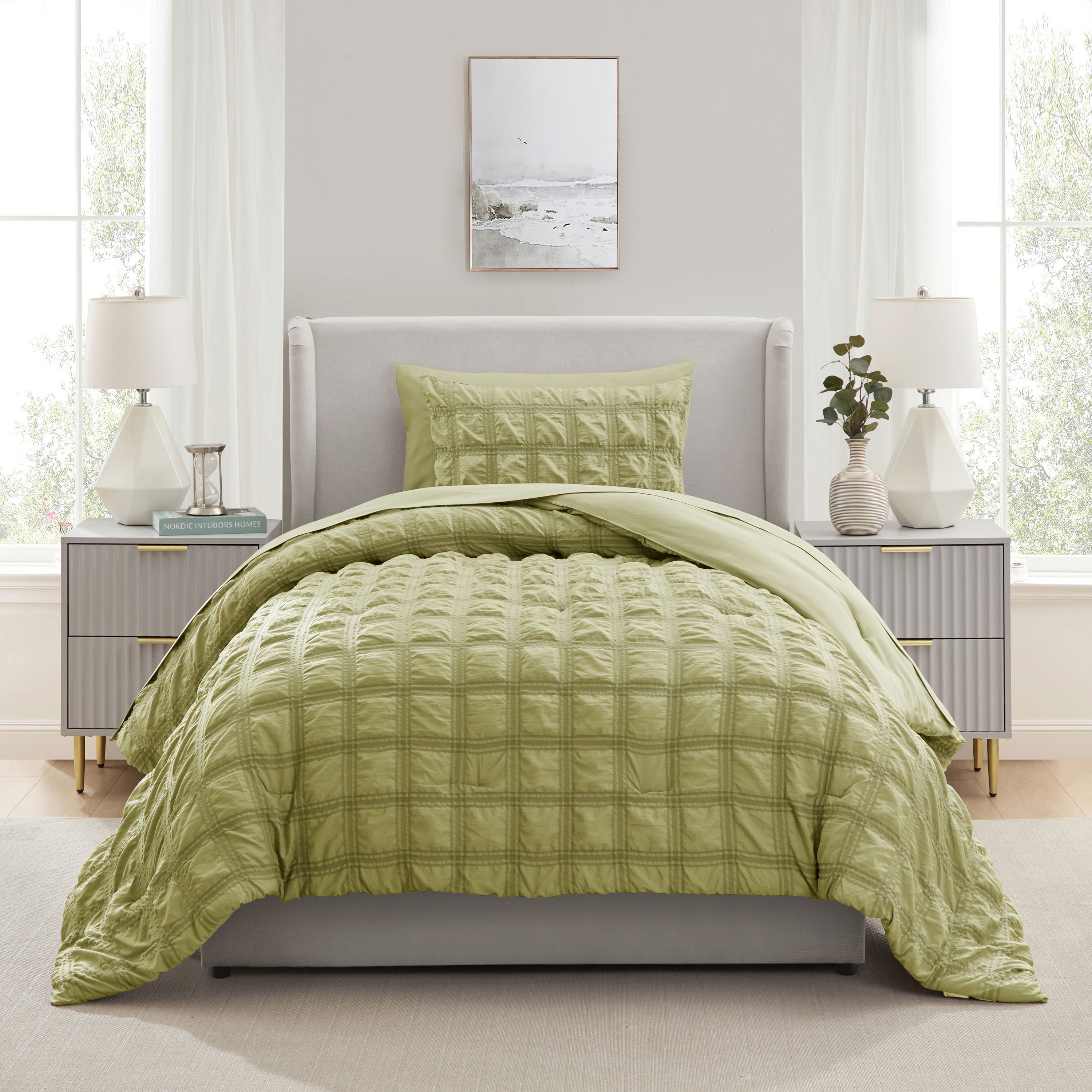 LammaLoe Twin Comforter Sets, 7 Piece Seersucker Bed in a Bag, Bedding Comforter Set with Sheets, Modern Bed Set, Olive Green