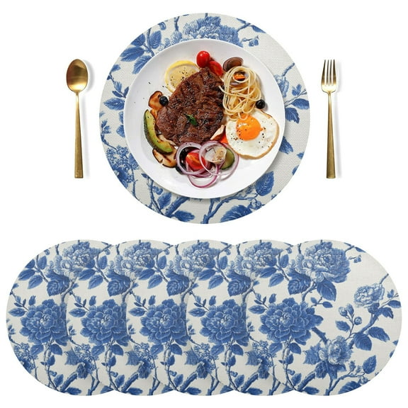 Round Placemats Plate Mats 15 Inch Non-Slip Heat Resistant Washable PVC Set Table Decoration for Kitchen Dining Blue Floral