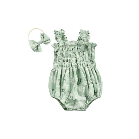 

Baby Girl´s Sleeveless Jumpsuit Floral Print Elastic Bust Shoulder Straps Romper Bow Headband