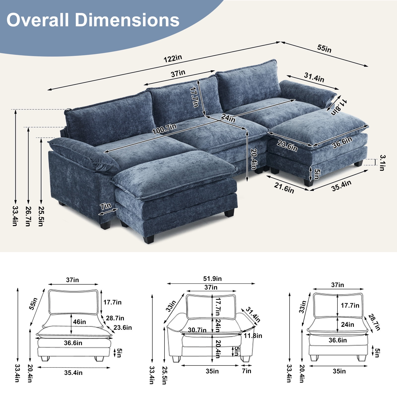 Ktaxon 120" W Sectional Sofa U Shaped Couch with Double Chaise Chenille Sleeper Set with 3 Oversized Seats Gray-Blue