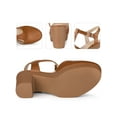 thumbnail image 4 of BLISSFUL STEP Women's Platform T-Strap Block Heels Sandals Solid Round Toe Faux Leather Shoes Brown 7, 4 of 7