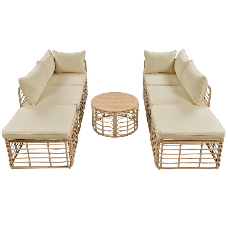 7-Piece Outdoor Sectional Sofa with Coffee Table and 2 Ottomans, Patio Furniture Set with Thick Cushions and Pillows, Outdoor Conversation Set for Garden Backyard