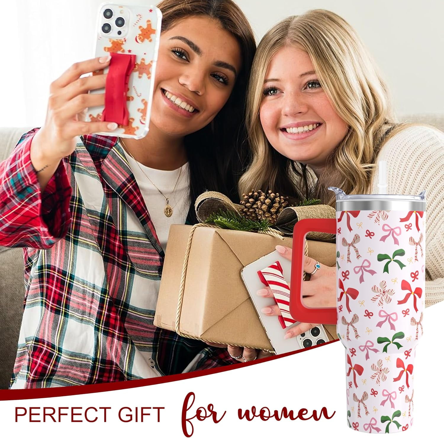 Christmas Tumbler, Cute Xmas Bow Tumbler with Handle and Straw, 40 oz Stainless Steel Insulated Water Bottle Christmas Birthday Winter Gifts for Women