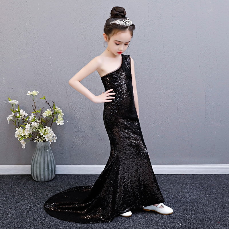 black sequin mermaid dress age for teenage girls one shoulder vintage noble graduation gowns evening party kids frocks M0327 Walmart