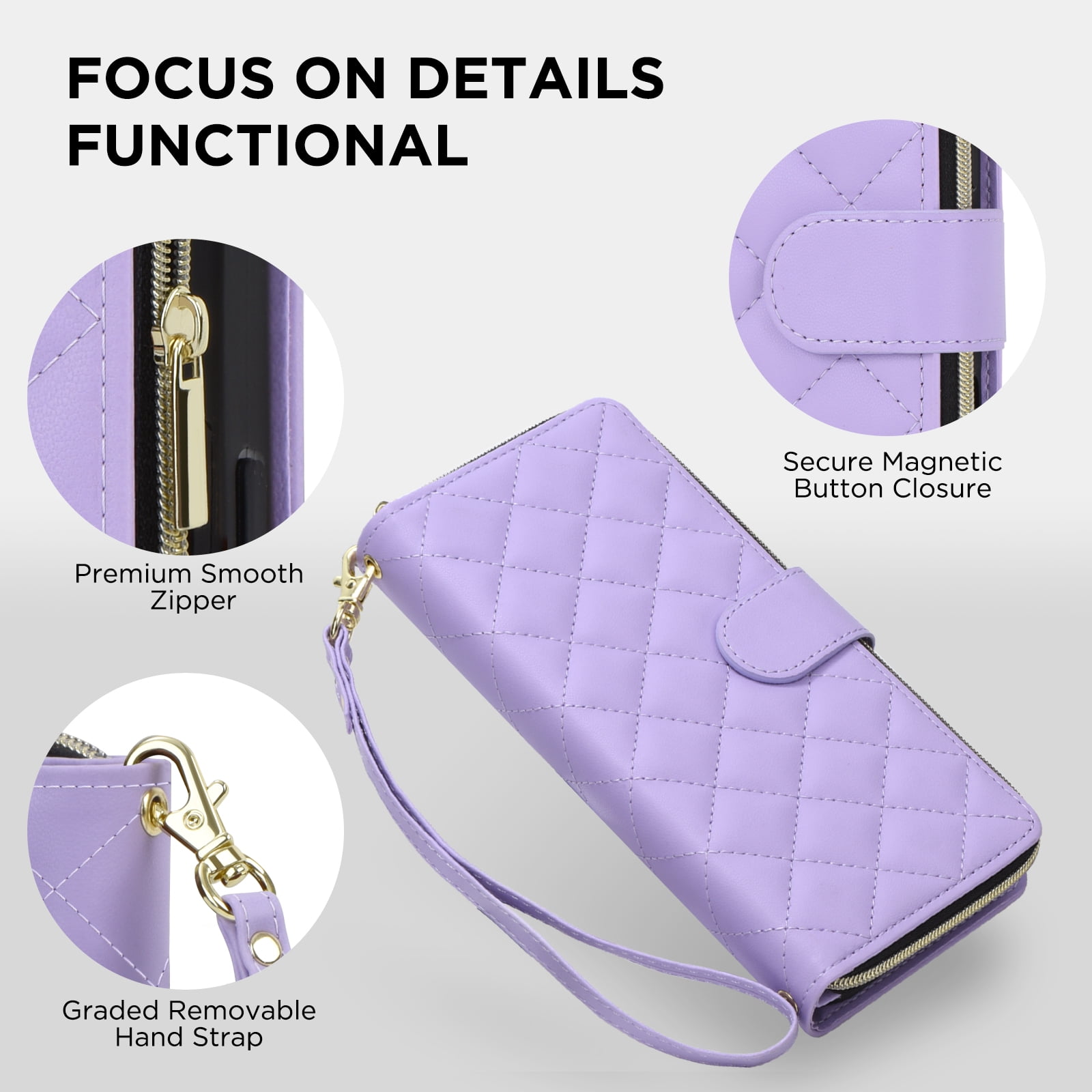 for iPhone 13 Pro Wallet Case, Multi-Functional Zipper Purse Case, with Flip Stand Card Holder PU Leather Phone Cover with Lanyard & Wrist Strap for iPhone 13 Pro, Purple