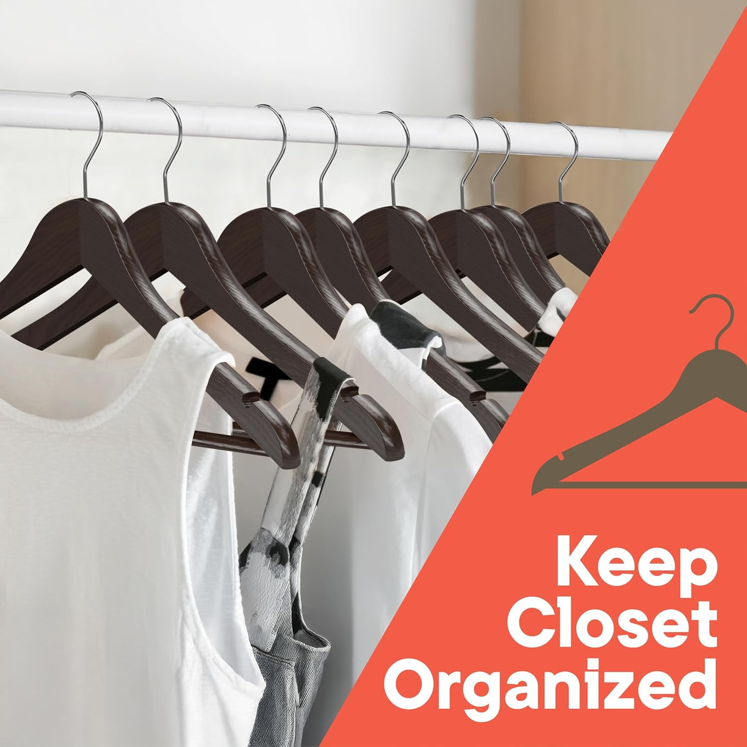 Brown Wooden Hangers 60 Pack – Heavy-Duty with 360° Swivel Hook, Non-Slip, Pants Bar & Shoulder Grooves - Wooden Hangers for Suits, Jackets, Dresses & Camisoles, Space-Saving and Smooth Finish