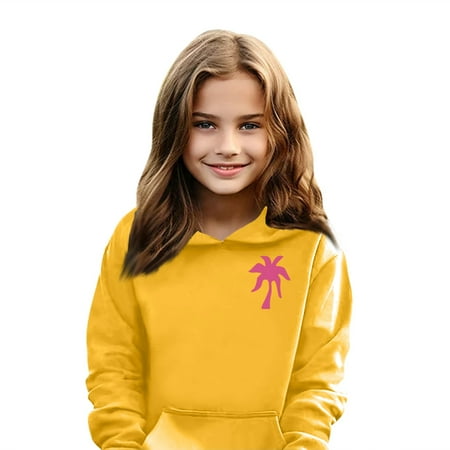 ZeXiYan Hoodie for Teen Girls Pink Palm Puff Hoodie Long Sleeve Letter Print Cute Drawstring Preppy Pullover Graphic Hoodie Kids Clothes Size 10-12 Yellow Size 7-8Years