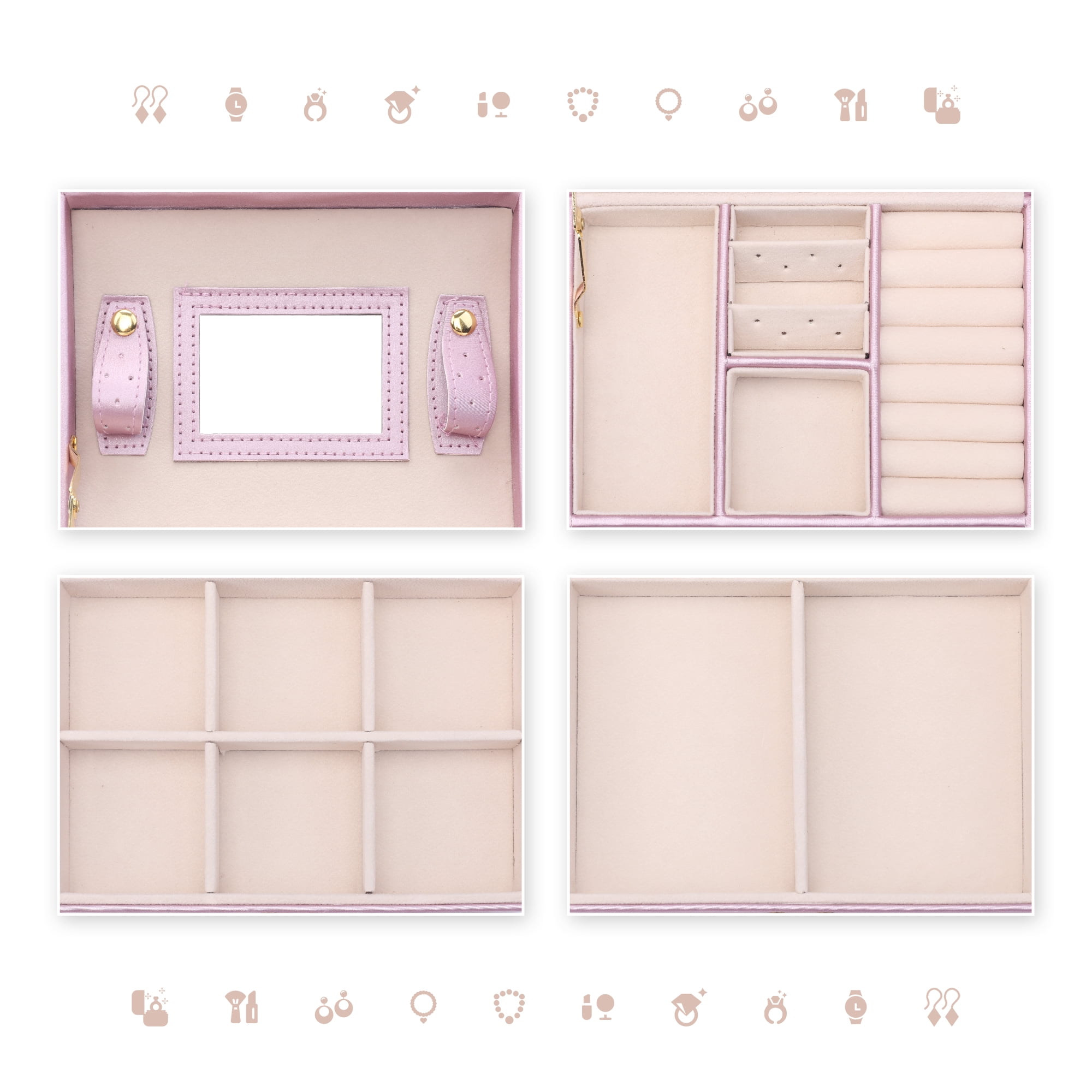 Unique Bargains 3 Layer Jewelry Box with Mirror for Women PU Leather Jewelry Organizer Purple